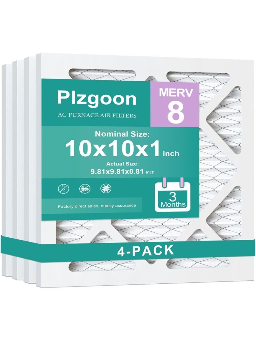 10x10x1 Pleated Air Filters MERV 8, 4-Pack for HVAC & Furnace Efficiency
